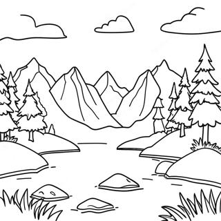 Lake Scene with Majestic Mountains Coloring Page | Lake coloring page