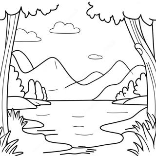 Serene Sunset over Calm Lake Coloring Page | Lake coloring page
