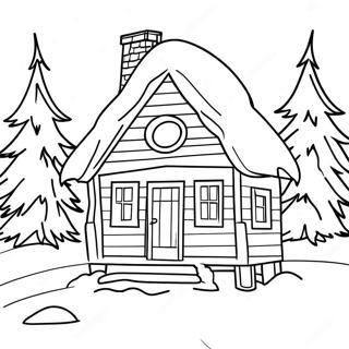 Snowy Winter Cabin with Pine Trees Coloring Page | Winter Cabin coloring page