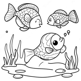 Pond Scene with Colorful Fish Coloring Page | Pond coloring page