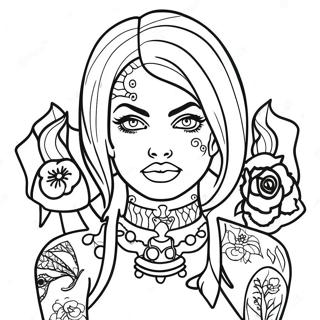 Rebellious Bad Girl with Tattoos Coloring Page | Bad Girl coloring page