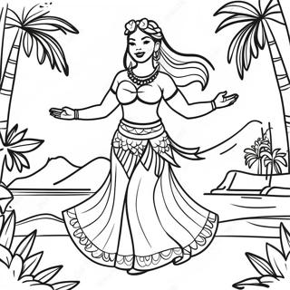 Hula Dancer in Traditional Attire Coloring Page | Polynesian coloring page