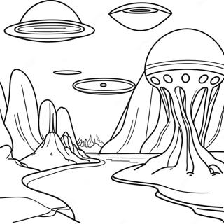 Futuristic Alien Landscape Coloring Page | Science Fiction coloring page
