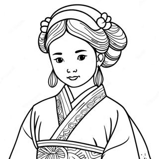 Korean Girl in Traditional Hanbok Coloring Page | Korean Girl coloring page