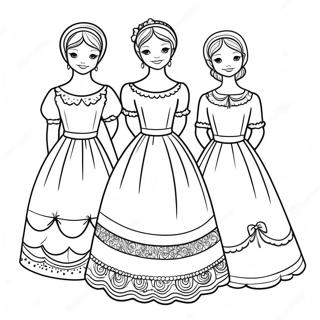 Three Sisters in Beautiful Dresses Coloring Page | Three Sisters coloring page