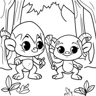 Whimsical Goblins in a Forest Coloring Page | Goblincore coloring page