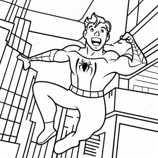 Spiderman Tom Holland Swinging Through City Coloring Page | Spiderman Tom Holland coloring page
