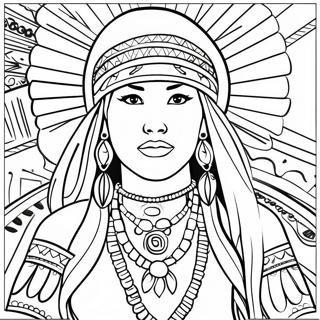 Elegant indfødt amerikansk kvinde i traditionelt tøj farvelægningsside | Realistisk Native American Kvinde malebog