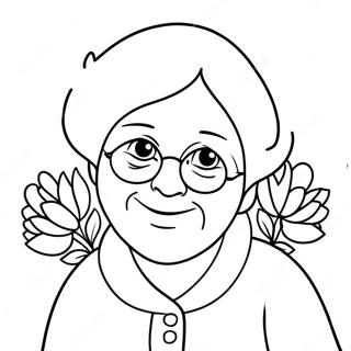 Söt Mormor med Blommor Målarbok | Glad Mors Dag Mormor målarbild