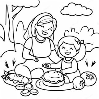 Pagina da Colorare di un Felice Picnic di Mamma e Figlia | pagina da colorare Mamma e Figlia