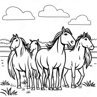 Horse Herd Grazing in a Meadow Coloring Page | Horse Herd coloring page