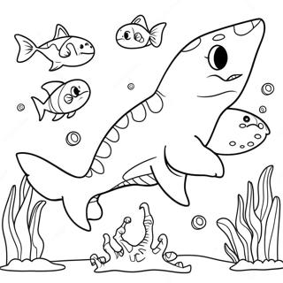 Colorful Dinosaur Shark Underwater Scene Coloring Page | Dinosaur Shark coloring page