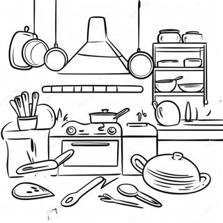 Bright Kitchen with Cooking Utensils Coloring Page | Inside House coloring page