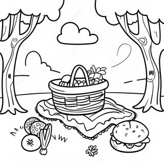 Picnic Scene with Colorful Blanket Coloring Page | Picnic coloring page