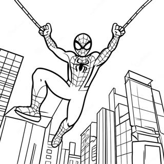 Adventurous Spiderman Swinging Through City Coloring Page | Cute Spiderman coloring page