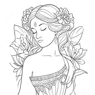 Elegant Goddess with Flowers Coloring Page | Goddess coloring page