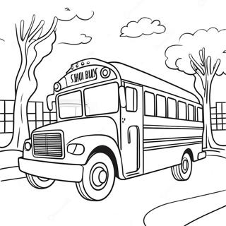 Cheerful School Bus Driving Through Town Coloring Page | School Bus coloring page