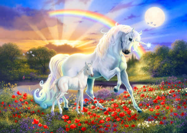 Download Three Magical Rainbow Unicorns Grazing in a Grass Field ...