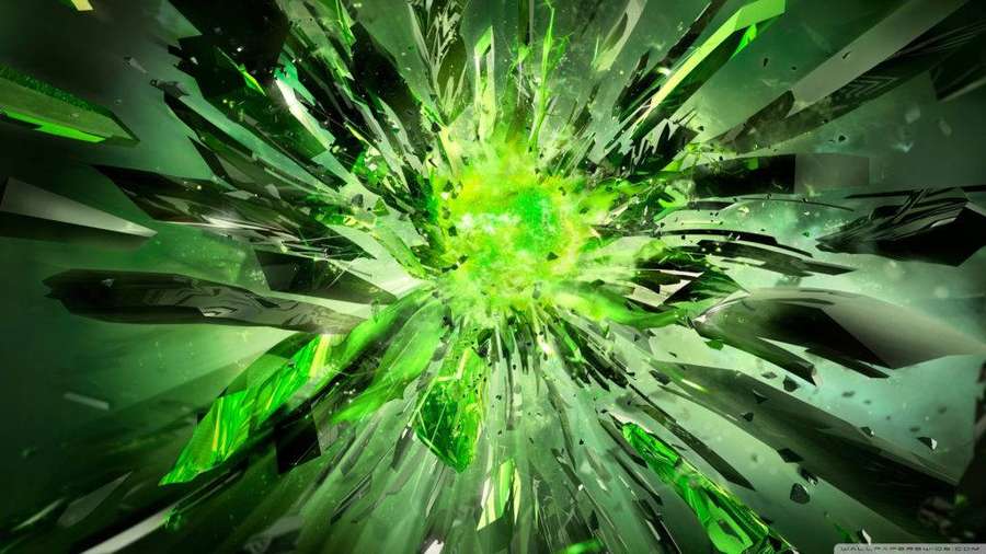 Green energy explosion shattering glass shards in a digital abstract burst. — 1024x576 Background