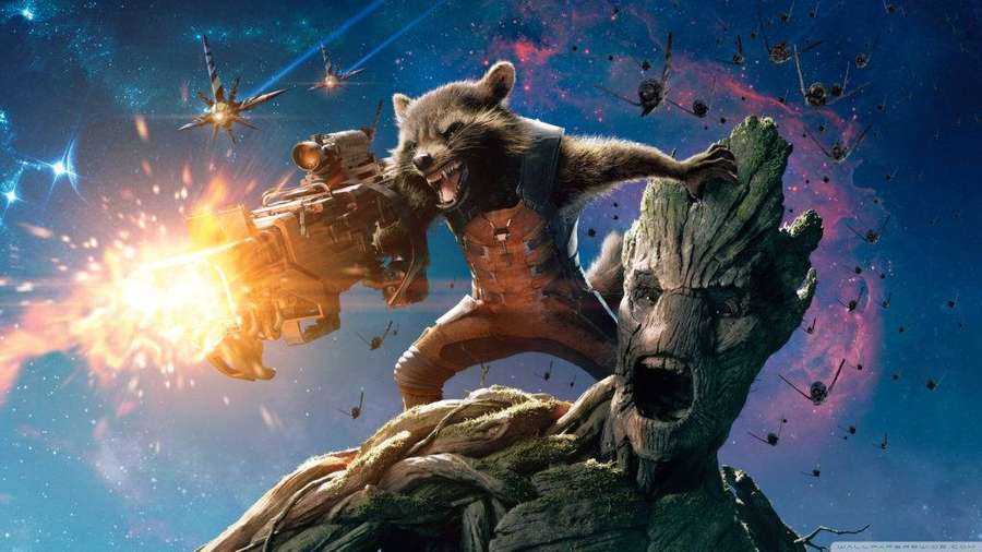 Rocket Raccoon and Groot in a space battle with starships and nebulae. — 1024x576 Wallpaper