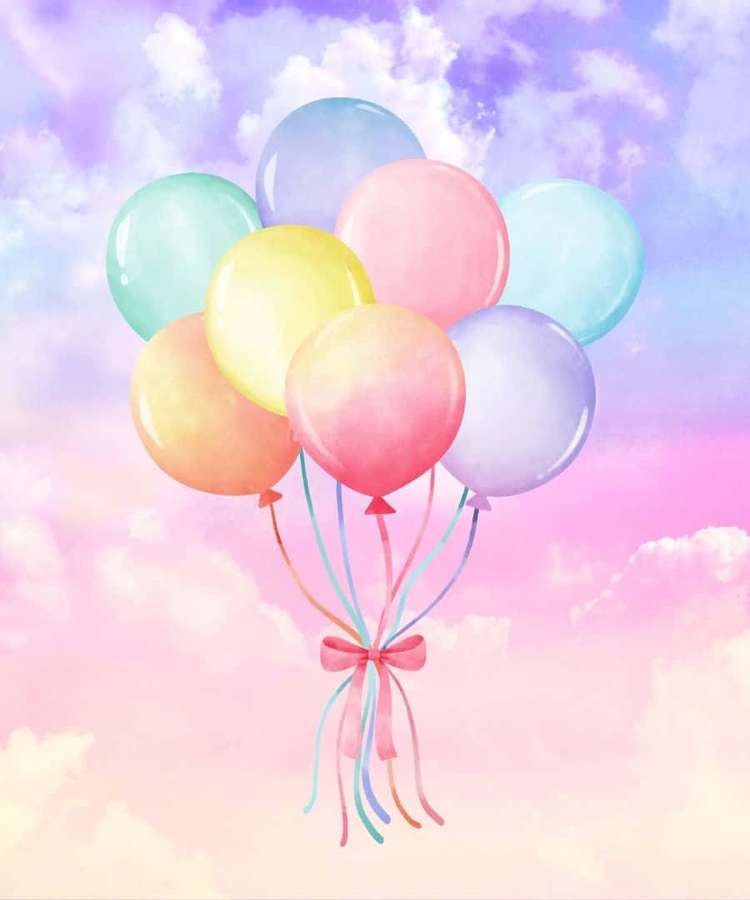 Colorful balloons tied with a pink bow float in a pastel sky with fluffy clouds. — 1080P Background