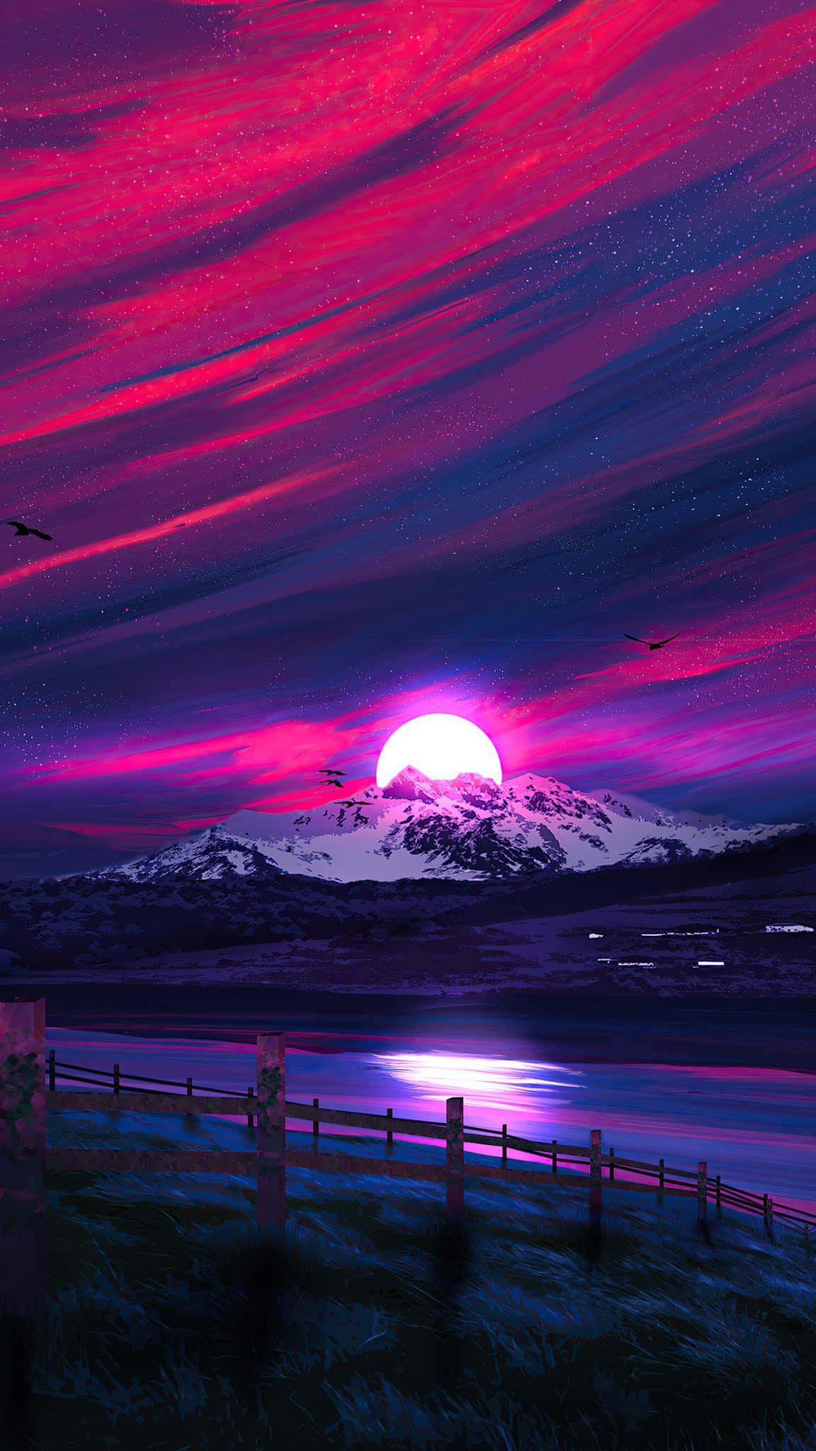 Ein leuchtender Mond geht über schneebedeckten Bergen auf, die sich in einem See unter einem rosa-violetten Sternenhimmel spiegeln. — 1080x1920 Wallpaper