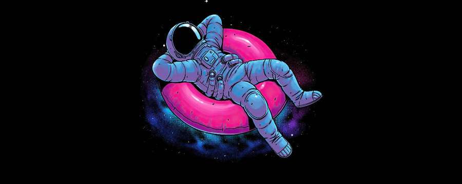 Astronaut lounging in a pink inflatable ring in outer space. — 1200x480 Background