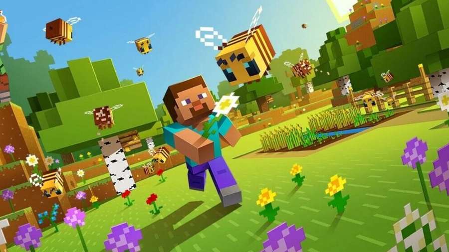 Personaje de Minecraft sosteniendo margarita rodeado de abejas y flores en un paisaje de bloques. — 1280x720 Minecraft Fondos de pantalla