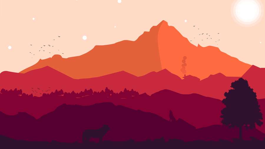 Silhouetted mountains trees and animals at sunset with birds flying — 12k Wallpaper