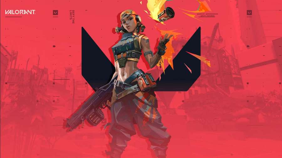 Valorant character Jett holding a flaming grenade in a red urban setting. — 1366x768 Valorant Background
