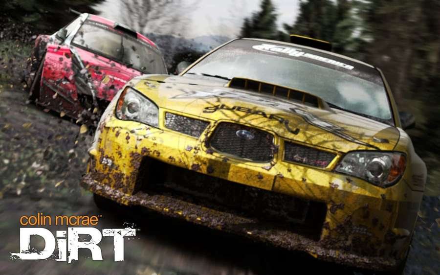 Two rally cars covered in mud racing through a forest — 1440p Dirt Showdown Background
