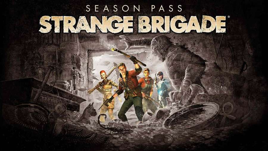 Four adventurers fighting giant monsters in an ancient Egyptian temple filled with treasure. — 1440p Strange Brigade Background