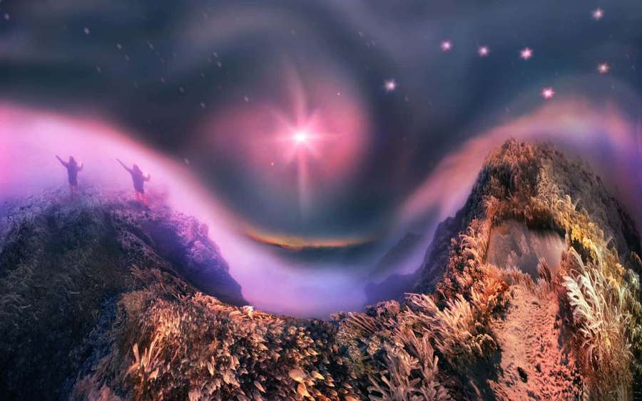 To personer på en fjelltopp under en glødende kosmisk himmel med stjerner. — 1440x900 Bakgrunner