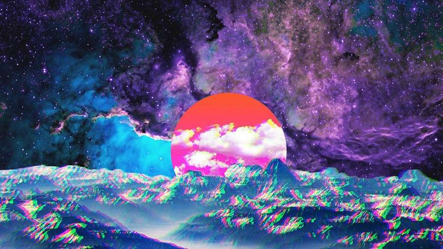 Surreal mountain landscape under a glowing cosmic sunset with vibrant nebula clouds. — 1600X900 Wallpaper