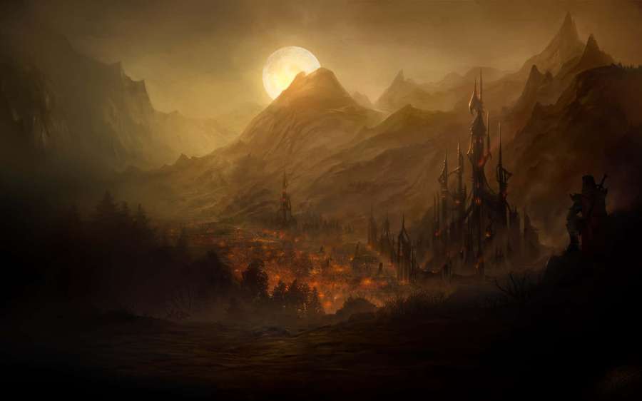 A gothic castle in mountains under a glowing moon with orange firelight. — 1680x1050 Wallpaper