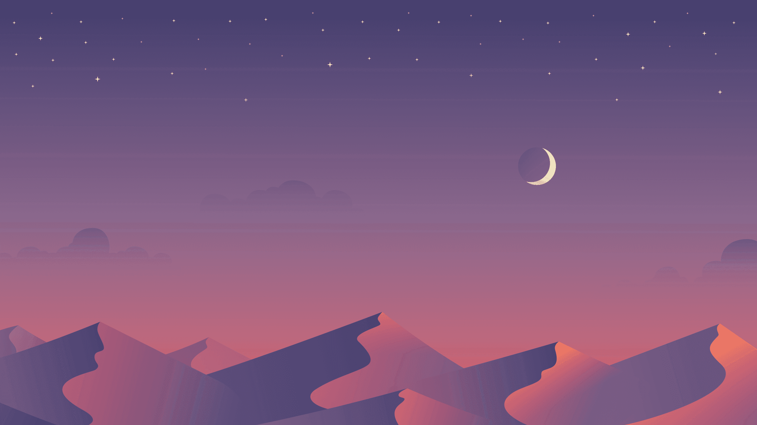 Purple and pink mountains under a crescent moon and stars at night. — 1920x1080 Aesthetic Wallpaper