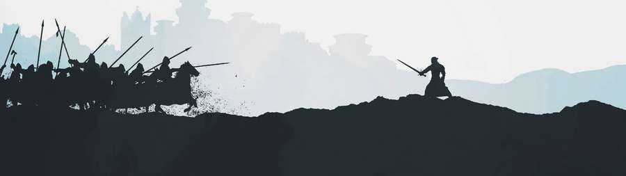 Einsamer Krieger stellt sich auf einem Hügel in der Dämmerung einer angreifenden Kavallerie in der Nähe eines Schlosses. — 2 Überwachen Wallpaper