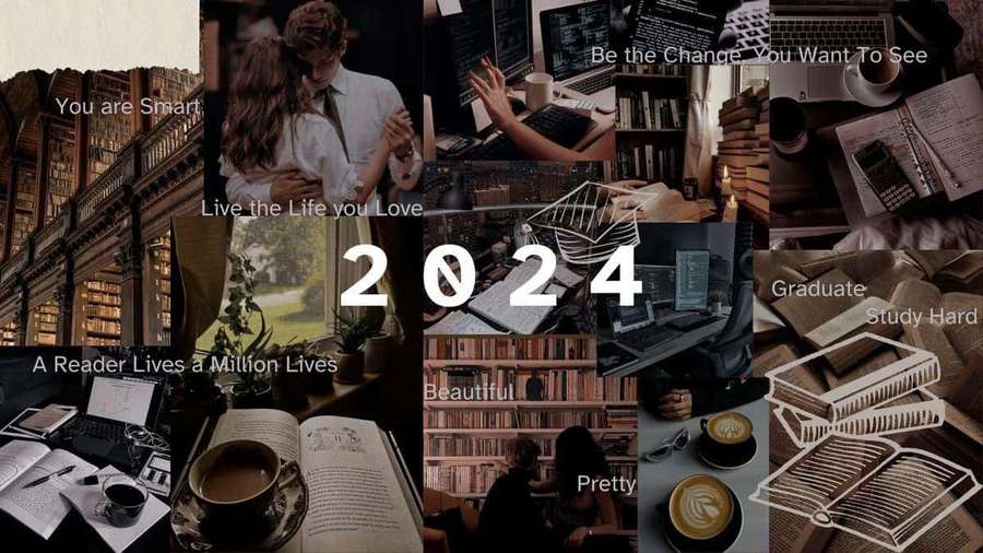 Motivational collage for 2024 featuring books coffee and study quotes. — 2024 Aesthetic Wallpaper