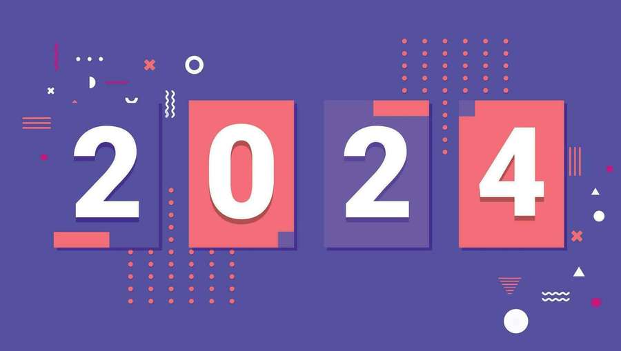 Stylized 2024 graphic with colorful blocks and geometric shapes on purple background. — 2024 Desktop Wallpaper