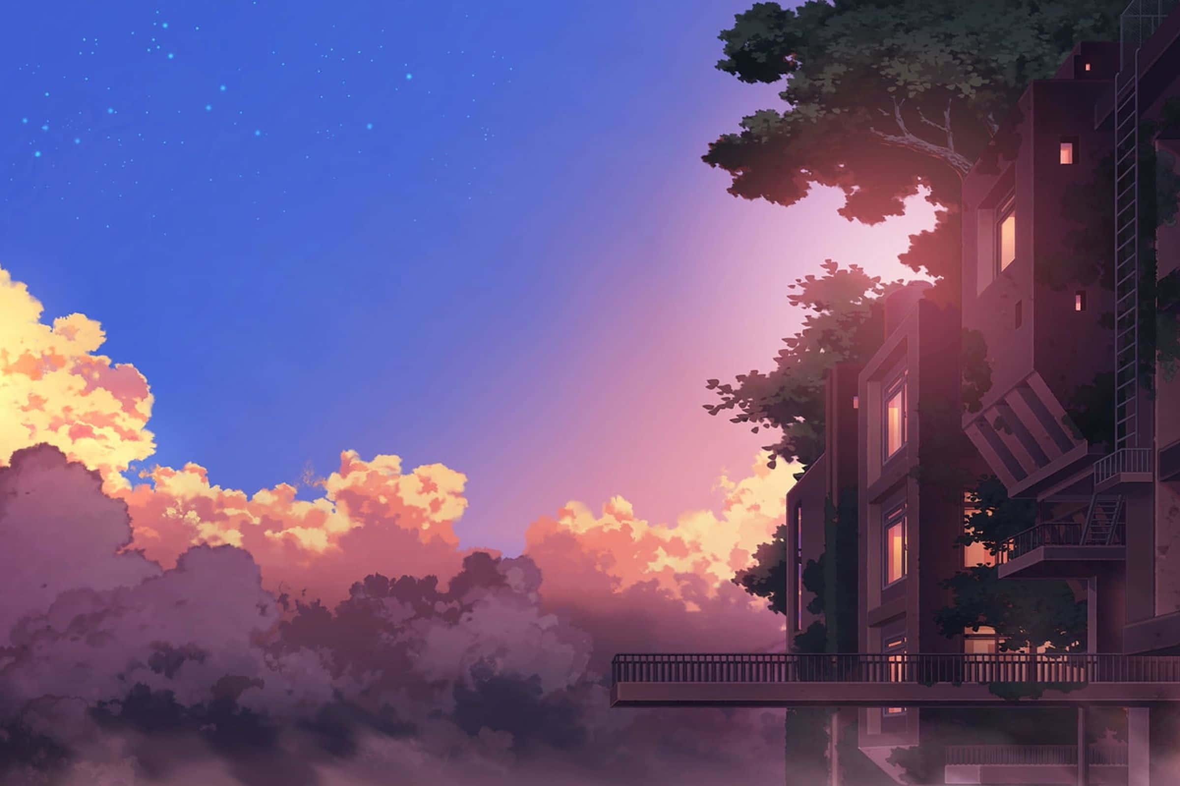 En hyggelig anime-bygning med varme lys mod en tusmørkehimmel med glødende skyer og stjerner. — 2400x1600 Wallpapers