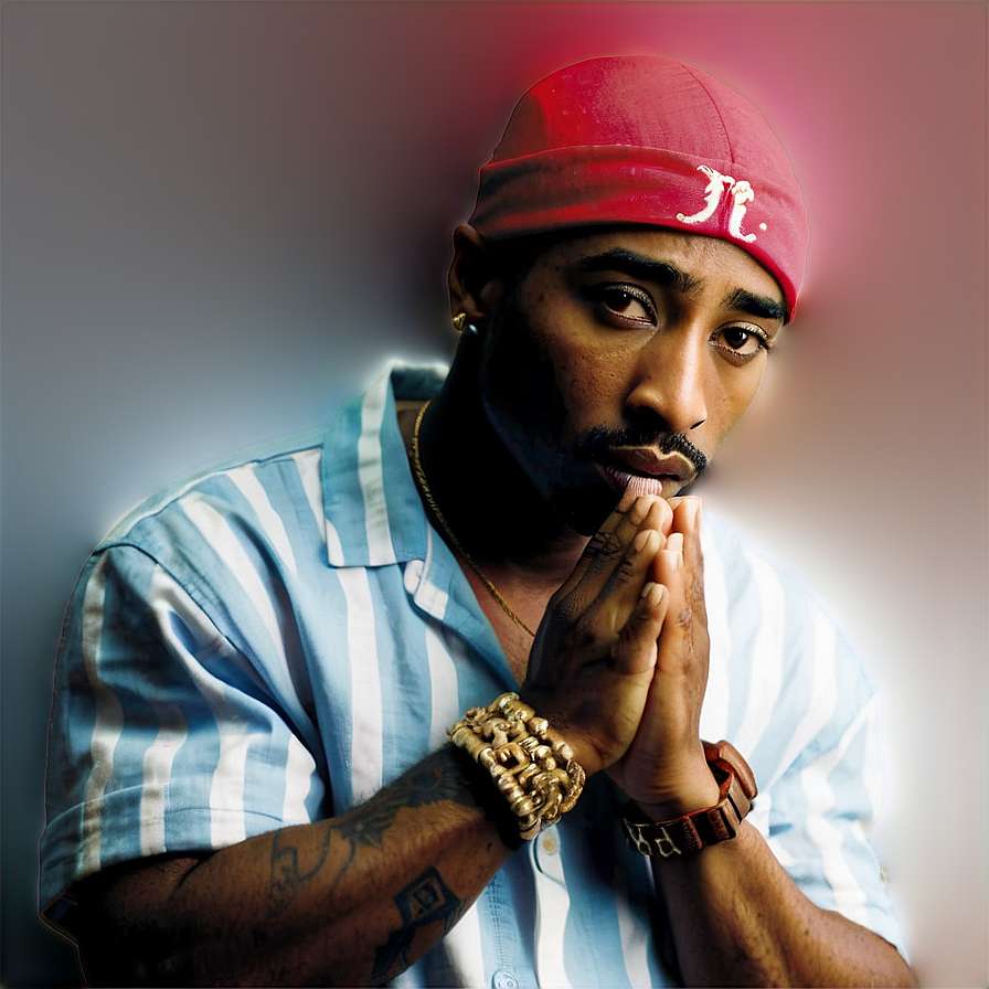 Tupac Shakur in red cap and striped shirt with clasped hands in studio portrait. — 2pac Background