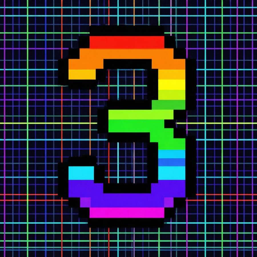 An 8-bit pixel art number 3 with rainbow colors on a grid. — 3 Wallpaper