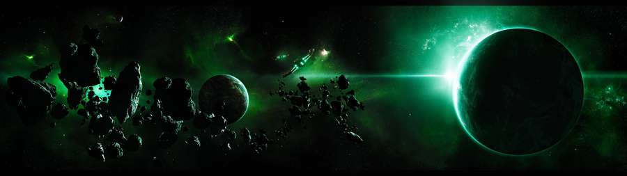 Raumschiff fliegt an Asteroiden vorbei in der Nähe eines leuchtend grünen Planeten im Weltraum. — 3 Überwachen Wallpaper