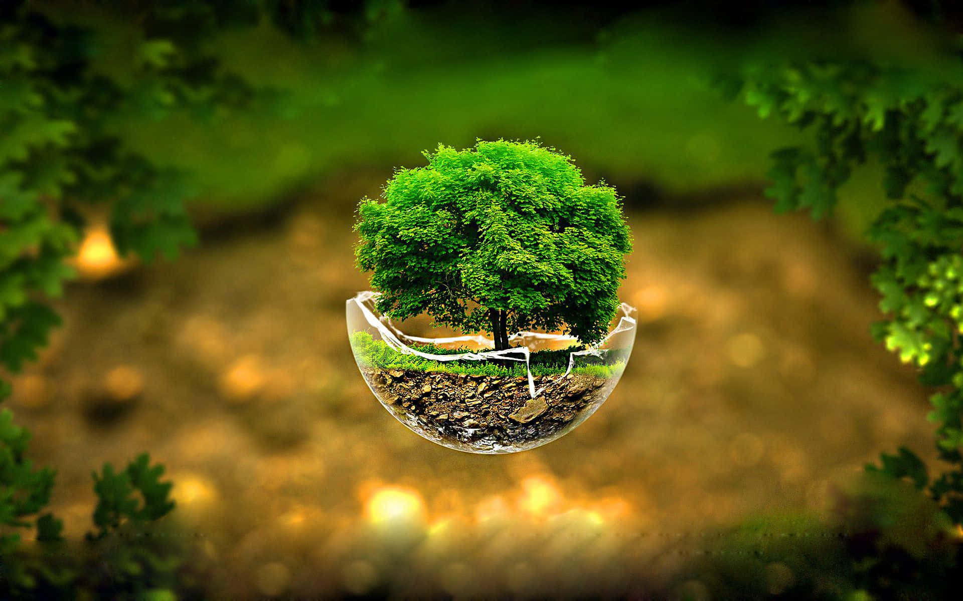 Uma árvore em uma bolha de vidro flutuando em uma floresta com luzes douradas. — 3D Papéis de Parede