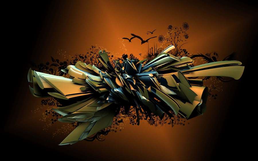 Fragmentos metálicos abstractos con pájaros y siluetas florales sobre un fondo degradado naranja. — 3d Abstract Fondos de pantalla