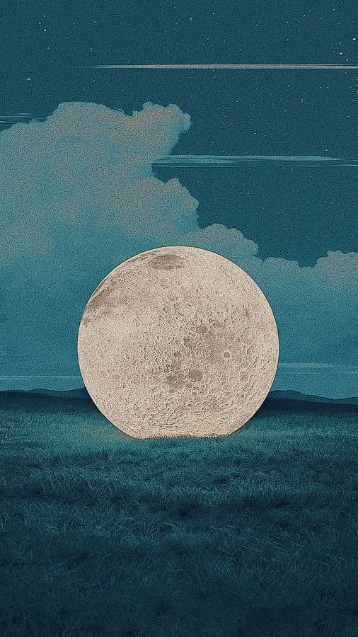 Riesiger Mond, der unter einem sternenklaren Nachthimmel mit Wolken auf Gras ruht. — 3d Aesthetic Wallpaper