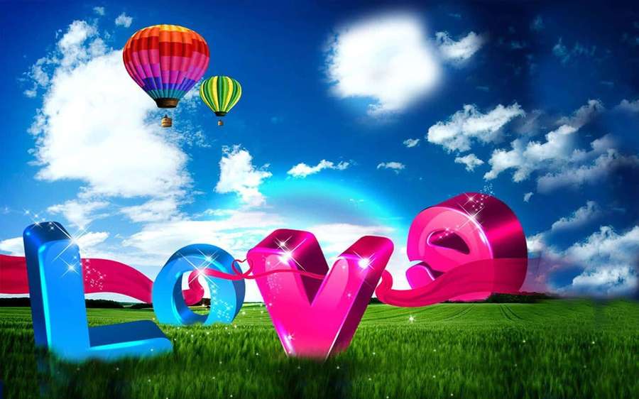 Letras 3D brillantes que deletrean 'Love' sobre hierba con globos aerostáticos en un cielo azul brillante. — 3D Amor Fondos de pantalla