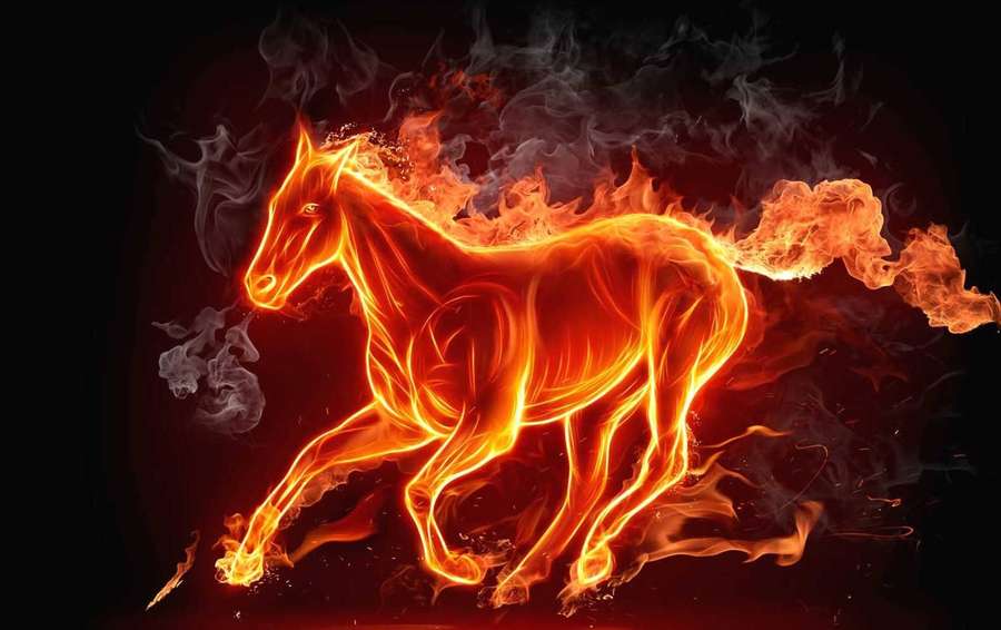 Ein Pferd aus Feuer, das mit Rauch vor einem dunklen Hintergrund läuft. — 3d animation Wallpaper