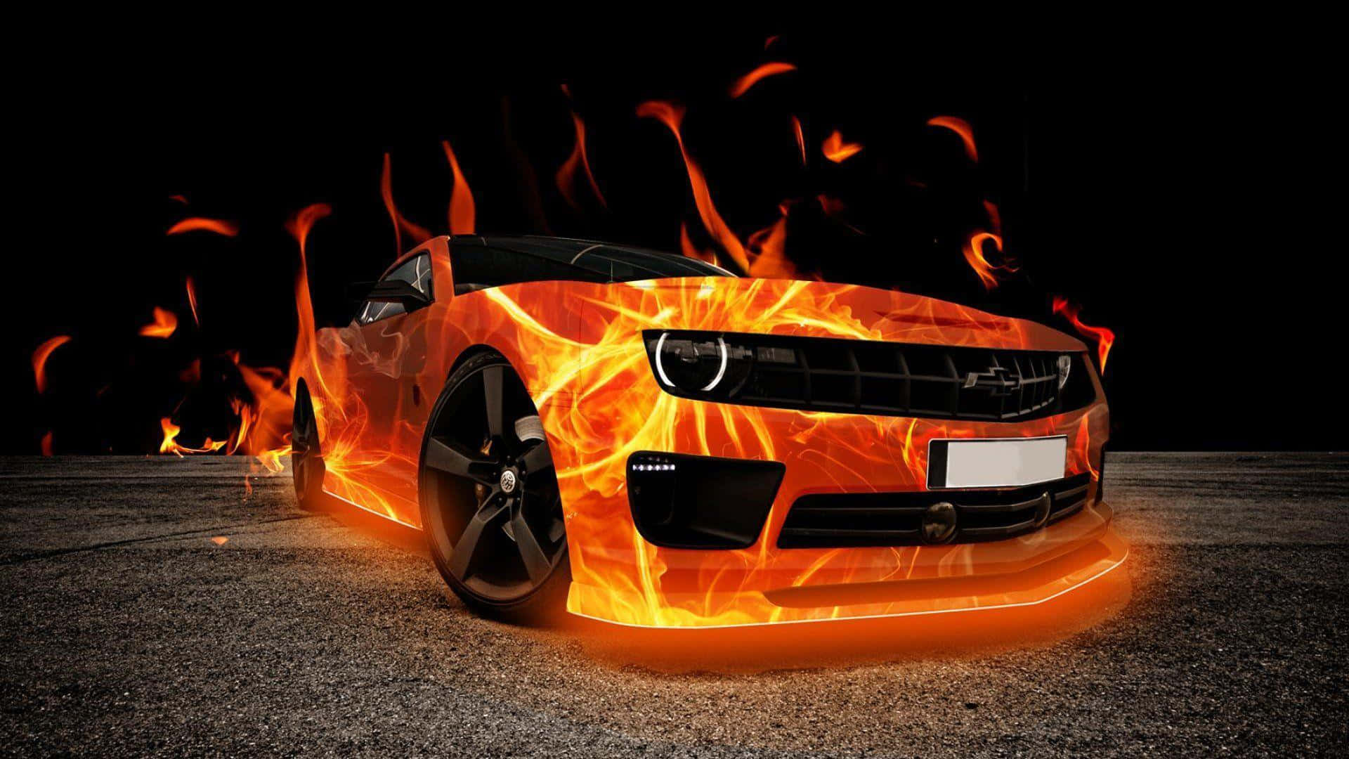 Ein brennender Sportwagen auf dunklem Asphalt mit intensiven orangefarbenen Feuereffekten. — 3d autobilder Bild Wallpaper