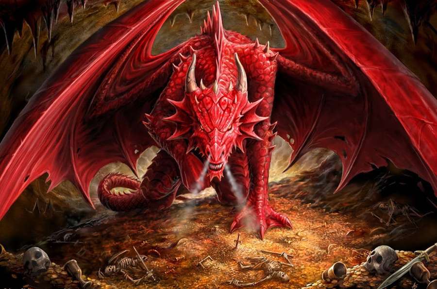 Red dragon breathing fire in a treasure-filled cave with skulls and bones. — 3d Dragon Wallpaper